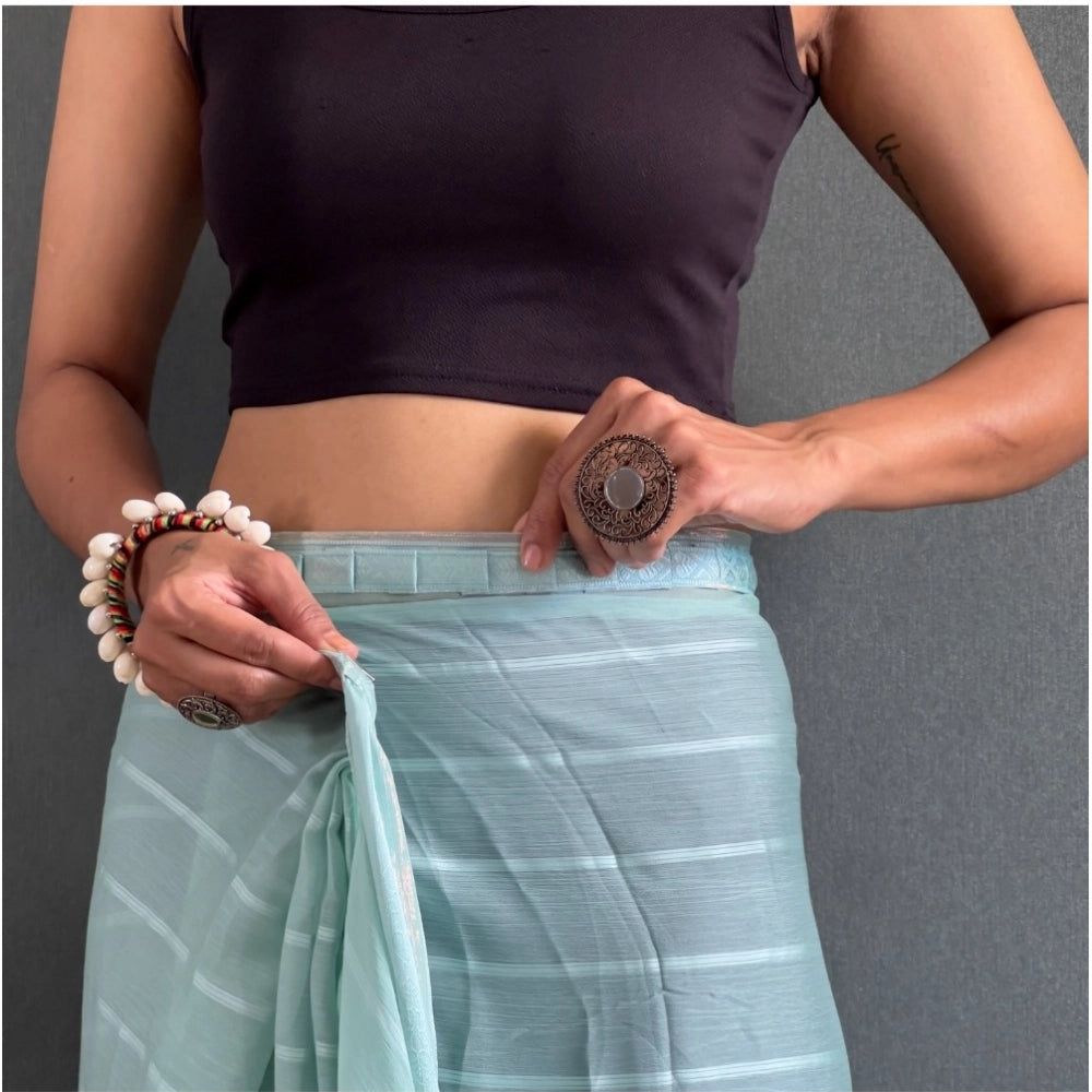 Amfyn Women's Chiffon Striped Ready to wear Saree With Unstitched Blouse 5.5 Mtr (Sky)