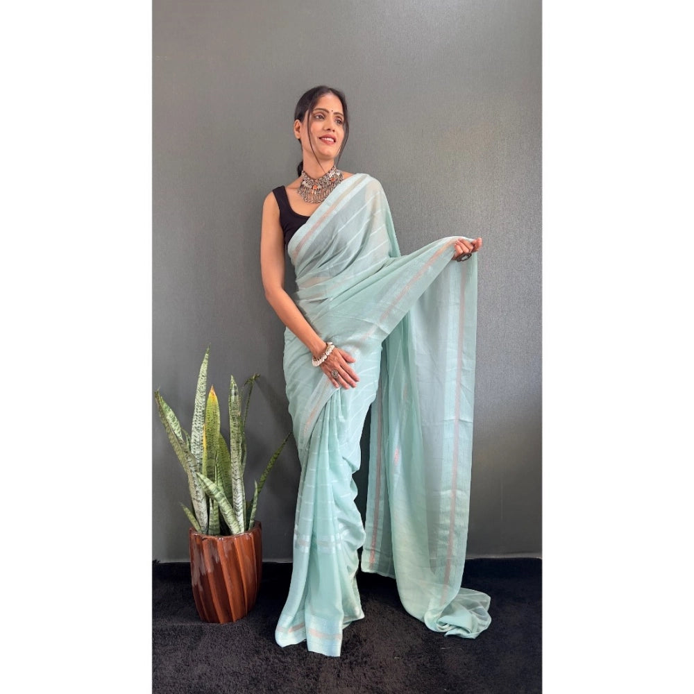 Amfyn Women's Chiffon Striped Ready to wear Saree With Unstitched Blouse 5.5 Mtr (Sky)