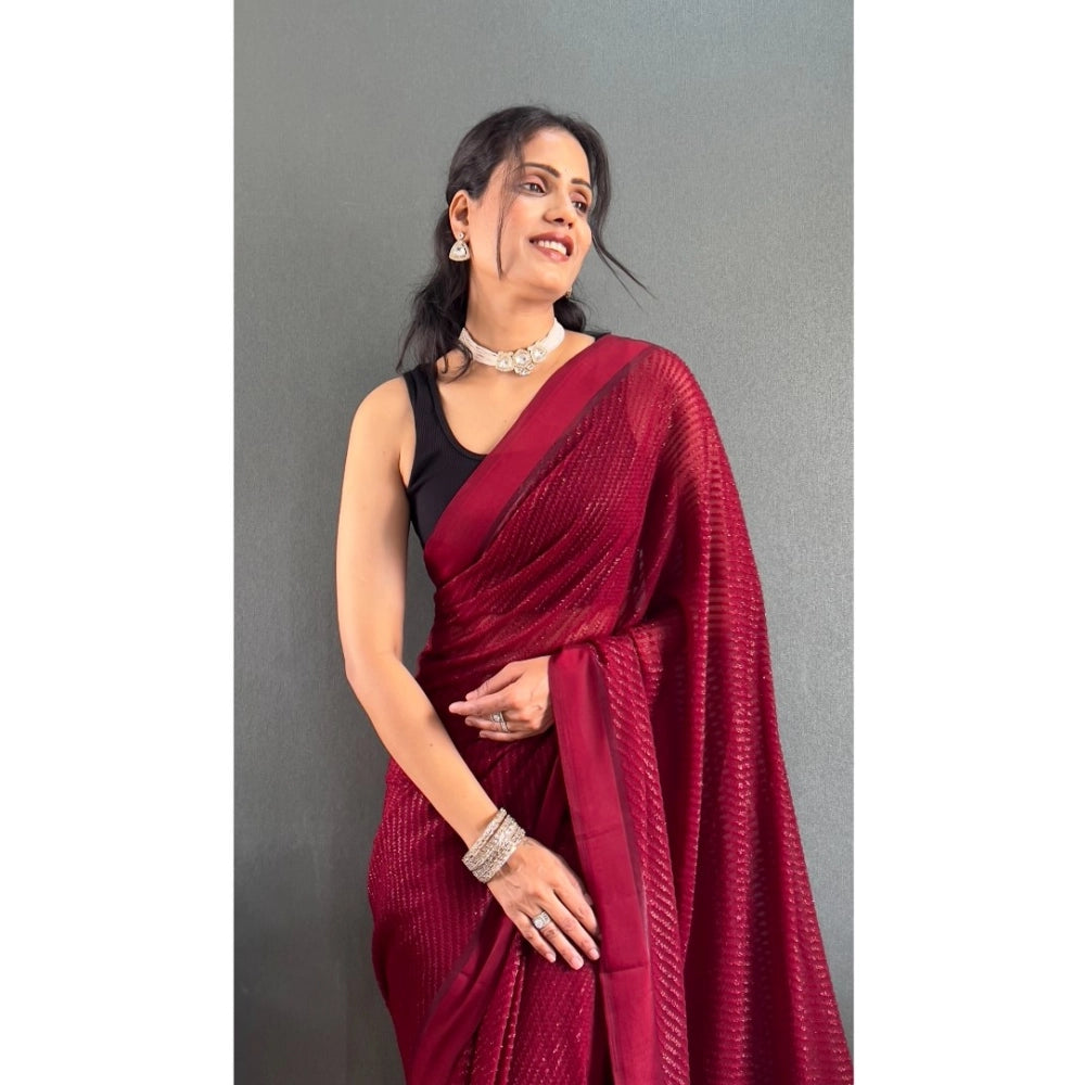 Amfyn Women's Chiffon Solid Ready to wear Saree With Unstitched Blouse 5.5 Mtr (Maroon)