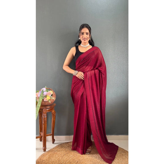 Amfyn Women's Chiffon Solid Ready to wear Saree With Unstitched Blouse 5.5 Mtr (Maroon)