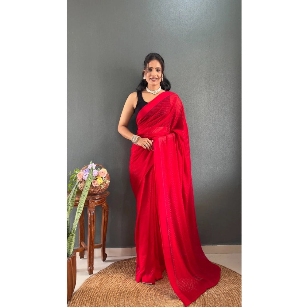 Amfyn Women's Chiffon Solid Ready to wear Saree With Unstitched Blouse 5.5 Mtr (Red)