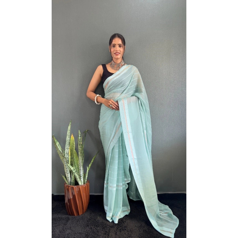 Amfyn Women's Chiffon Striped Ready to wear Saree With Unstitched Blouse 5.5 Mtr (Sky)
