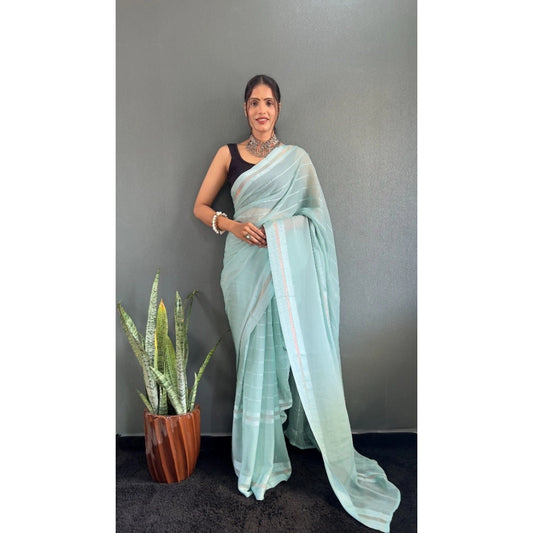 Amfyn Women's Chiffon Striped Ready to wear Saree With Unstitched Blouse 5.5 Mtr (Sky)