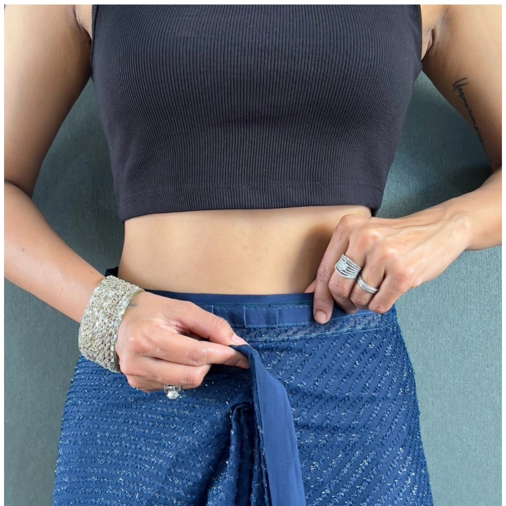 Amfyn Women's Chiffon Solid Ready to wear Saree With Unstitched Blouse 5.5 Mtr (Blue )