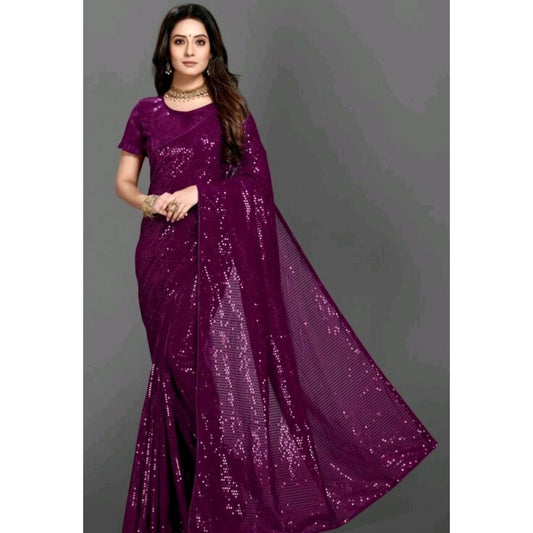 Amfyn Women's Georgette Embellished Sequnece Bollywood Saree With Unstitched Blouse 5.5Mtr (Purple)