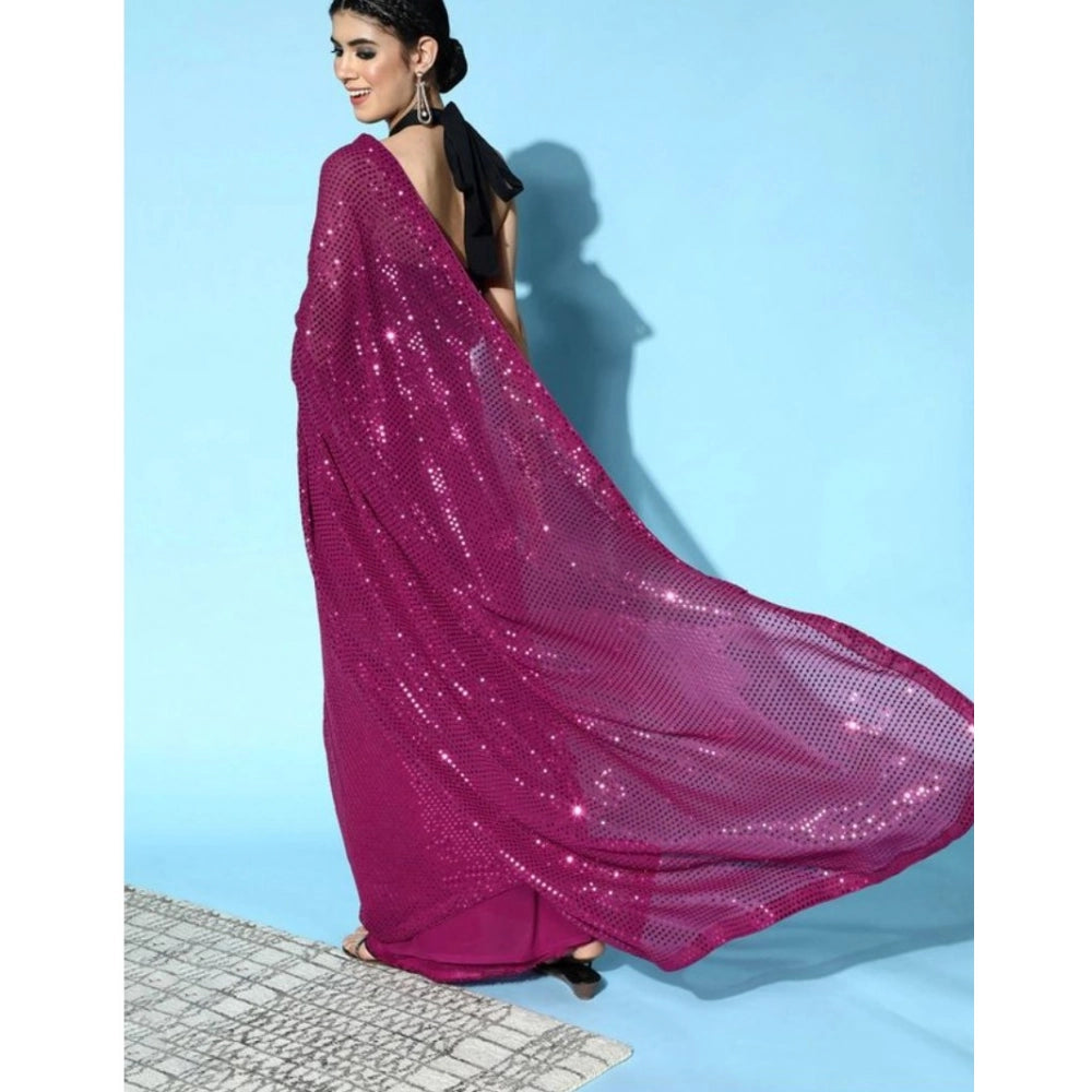 Amfyn Women's Georgette Embellished Sequnece Bollywood Saree With Unstitched Blouse 5.5Mtr (Wine)