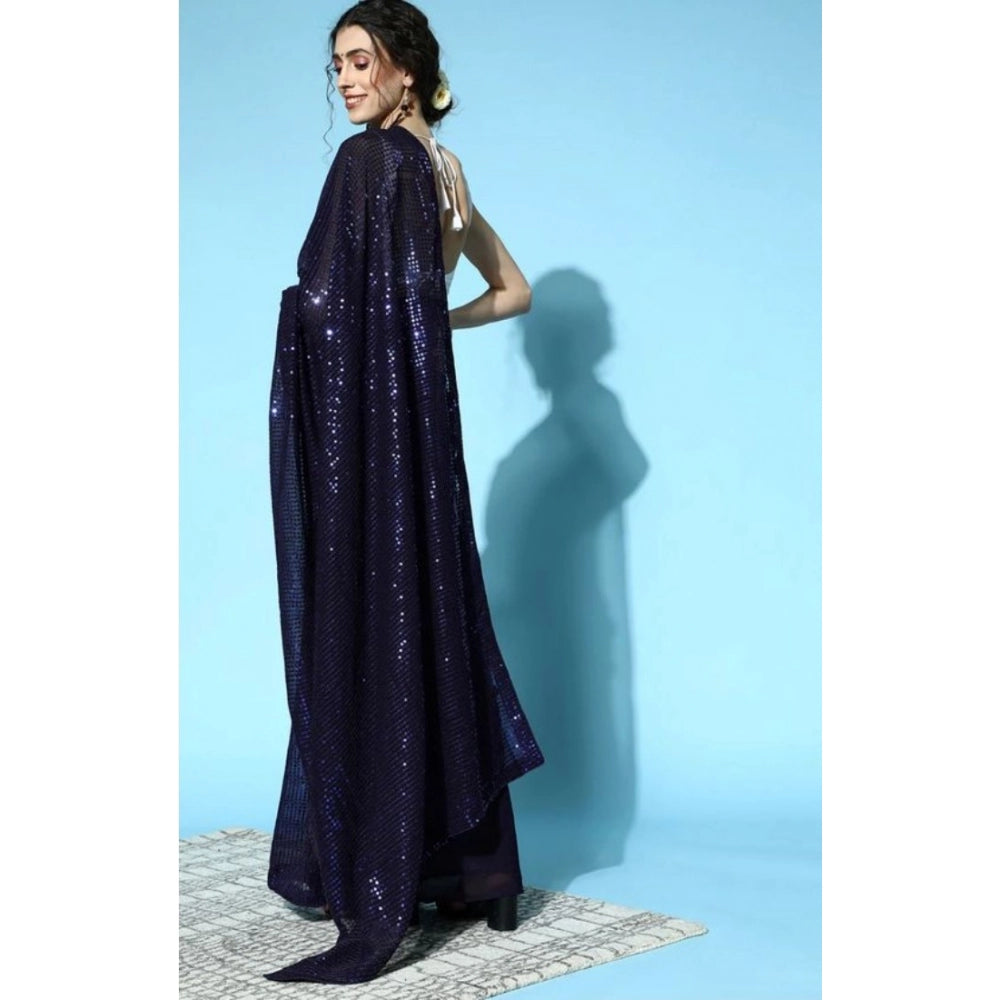 Amfyn Women's Georgette Embellished Sequnece Bollywood Saree With Unstitched Blouse 5.5Mtr (Blue)