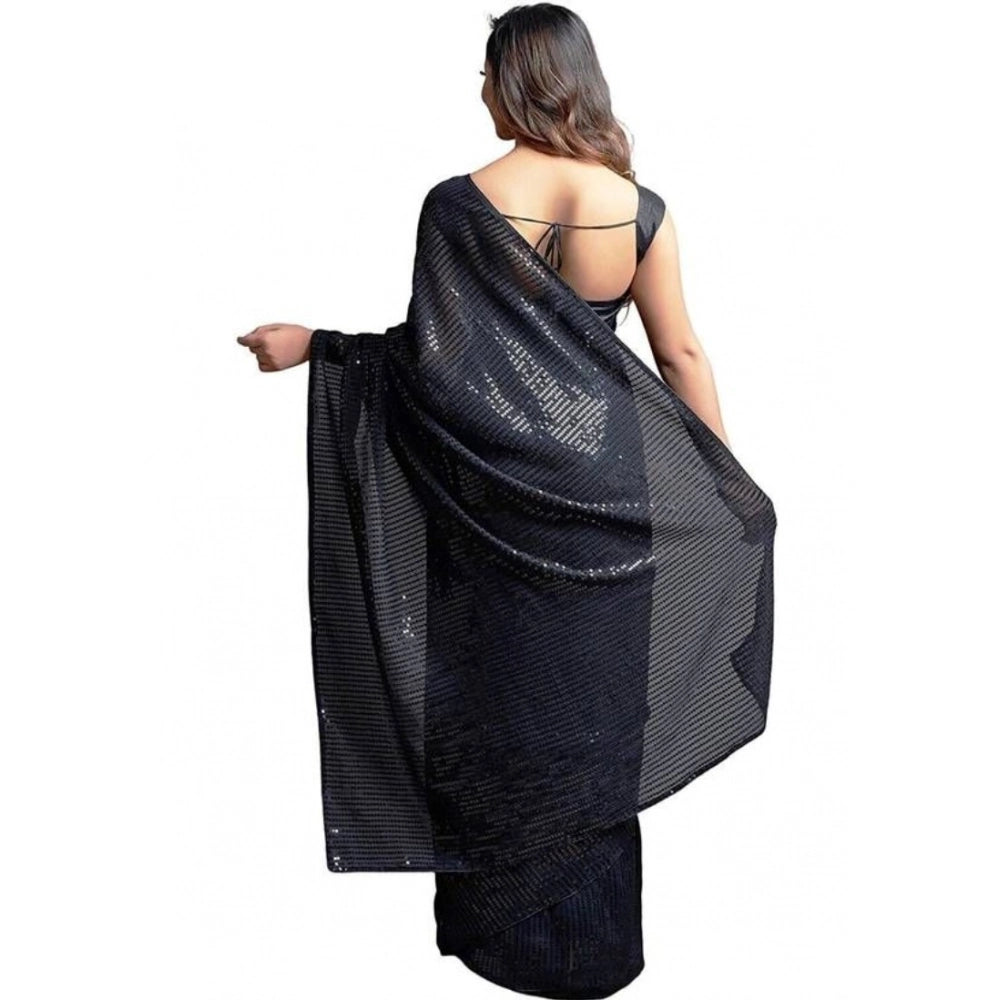 Amfyn Women's Georgette Embellished Sequnece Bollywood Saree With Unstitched Blouse 5.5Mtr (Black)