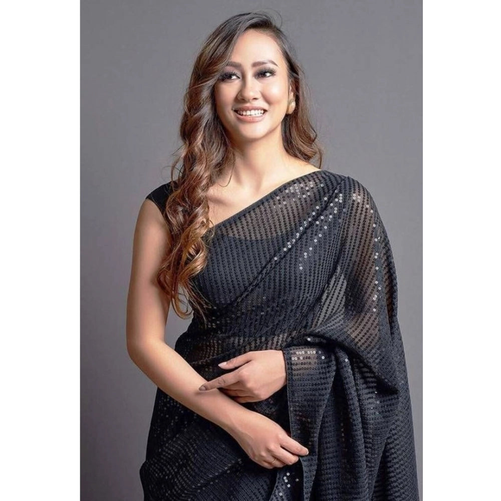 Amfyn Women's Georgette Embellished Sequnece Bollywood Saree With Unstitched Blouse 5.5Mtr (Black)