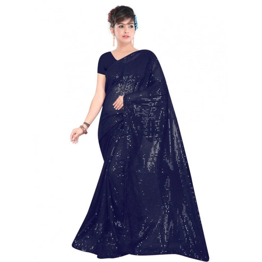 Amfyn Women's Georgette Embellished Sequnece Bollywood Saree With Unstitched Blouse 5.5Mtr (Blue)