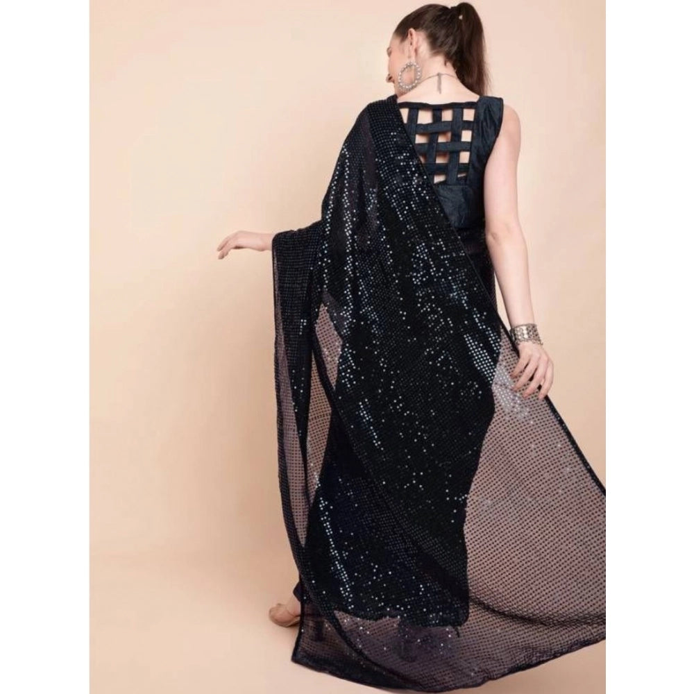 Amfyn Women's Georgette Embellished Sequnece Bollywood Saree With Unstitched Blouse 5.5Mtr (Black)