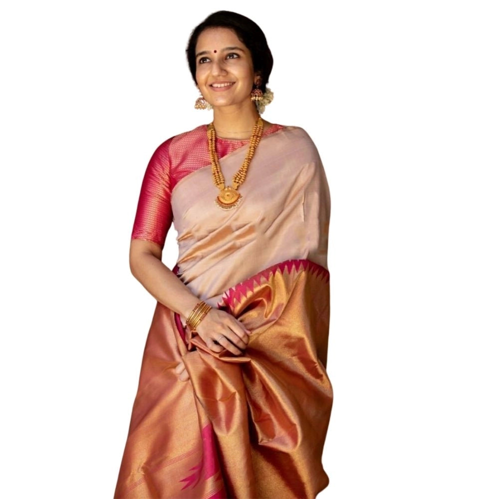 Amfyn Women's Silk Printed Saree With Unstitched Blouse 5.5Mtr (Cream)