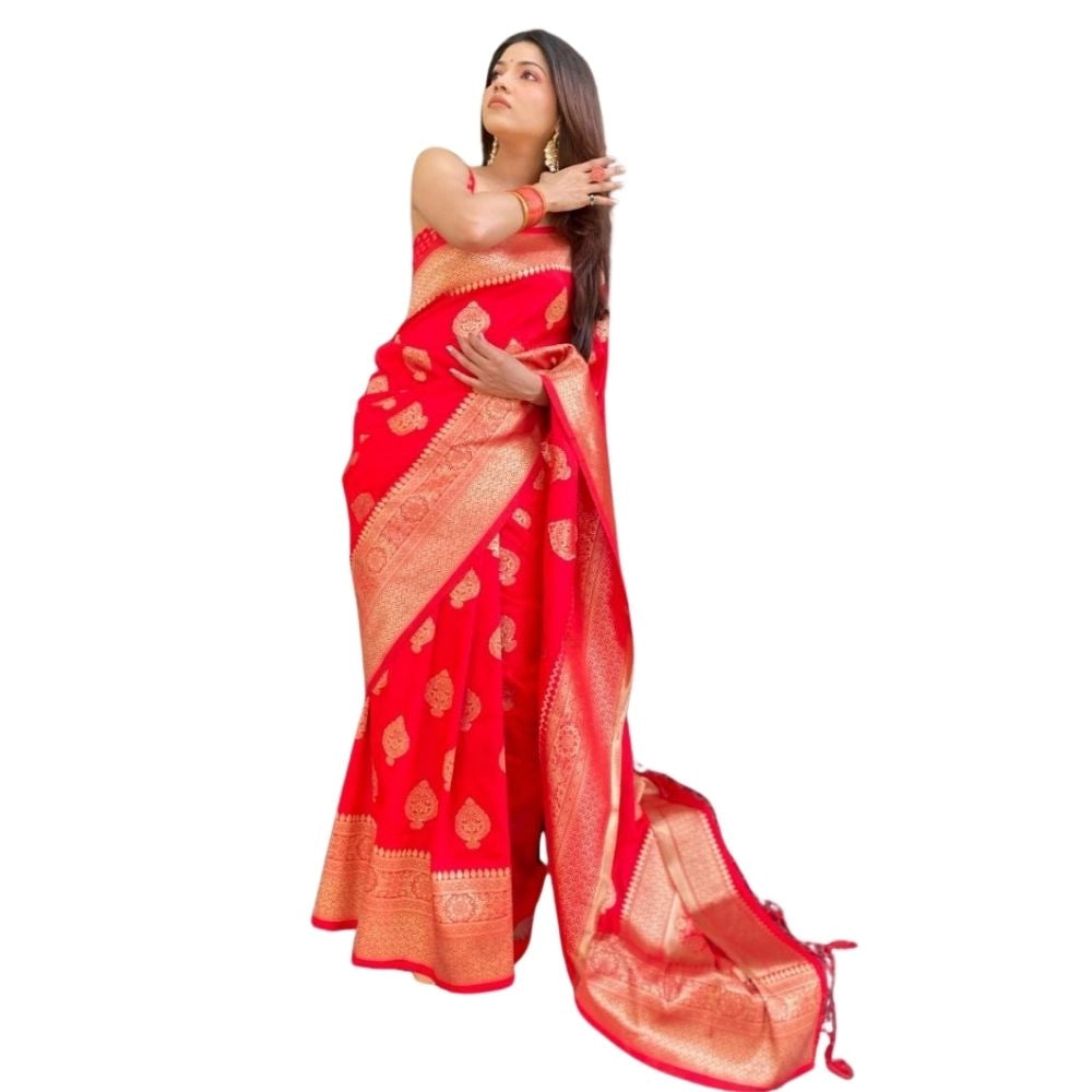Amfyn Women's Silk Printed Saree With Unstitched Blouse 5.5Mtr (Red)
