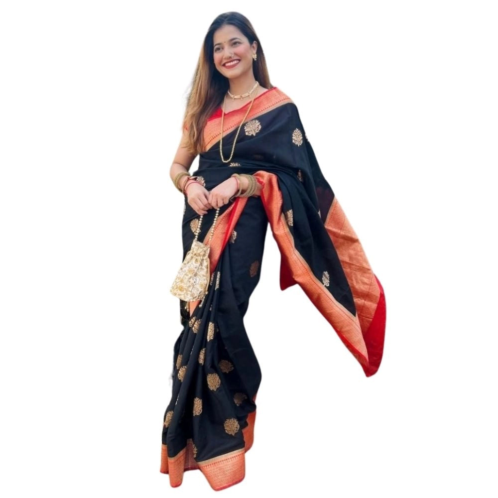Amfyn Women's Silk Printed Saree With Unstitched Blouse 5.5Mtr (Black-Red)