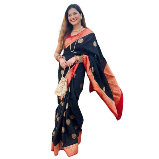 Amfyn Women's Silk Printed Saree With Unstitched Blouse 5.5Mtr (Black-Red)