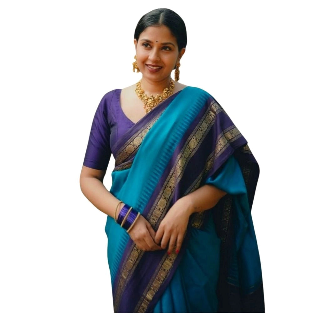 Amfyn Women's Silk Printed Saree With Unstitched Blouse 5.5Mtr (Blue)