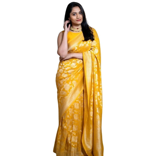 Amfyn Women's Silk Printed Saree With Unstitched Blouse 5.5Mtr (Yellow)