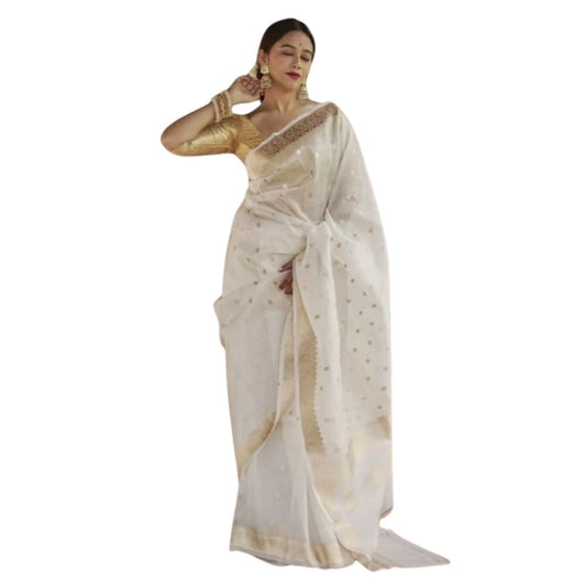 Amfyn Women's Cotton  Printed Saree With Unstitched Blouse 5.5Mtr (White)