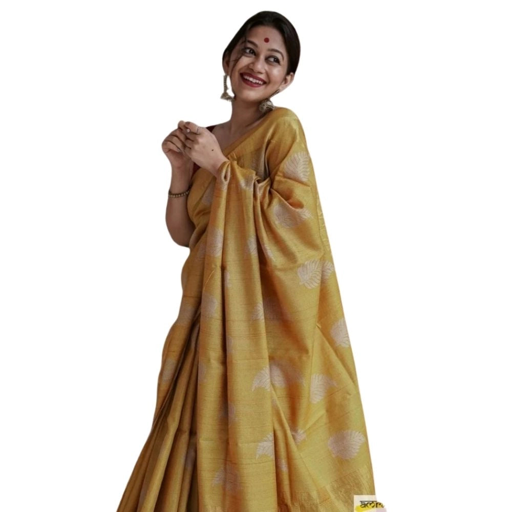 Amfyn Women's Silk Printed Saree With Unstitched Blouse 5.5Mtr (Yellow)
