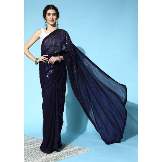 Amfyn Women's Georgette Embellished Sequnece Bollywood Saree With Unstitched Blouse 5.5Mtr (Blue)