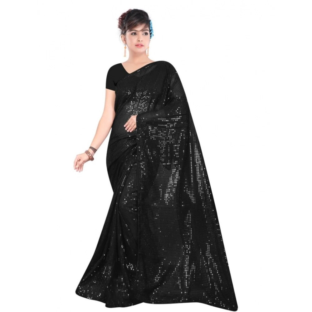 Amfyn Women's Georgette Embellished Sequnece Bollywood Saree With Unstitched Blouse 5.5Mtr (Black)