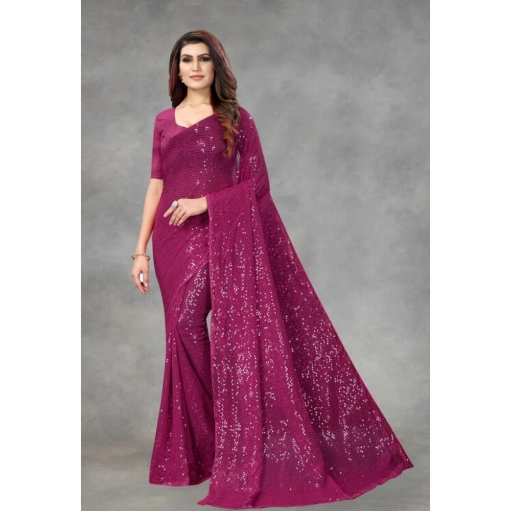 Amfyn Women's Georgette Embellished Sequnece Bollywood Saree With Unstitched Blouse 5.5Mtr (Purple)