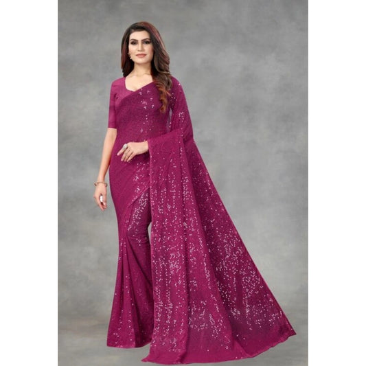 Amfyn Women's Georgette Embellished Sequnece Bollywood Saree With Unstitched Blouse 5.5Mtr (Purple)