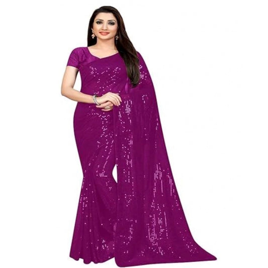 Amfyn Women's Georgette Embellished Sequnece Bollywood Saree With Unstitched Blouse 5.5Mtr (Purple)