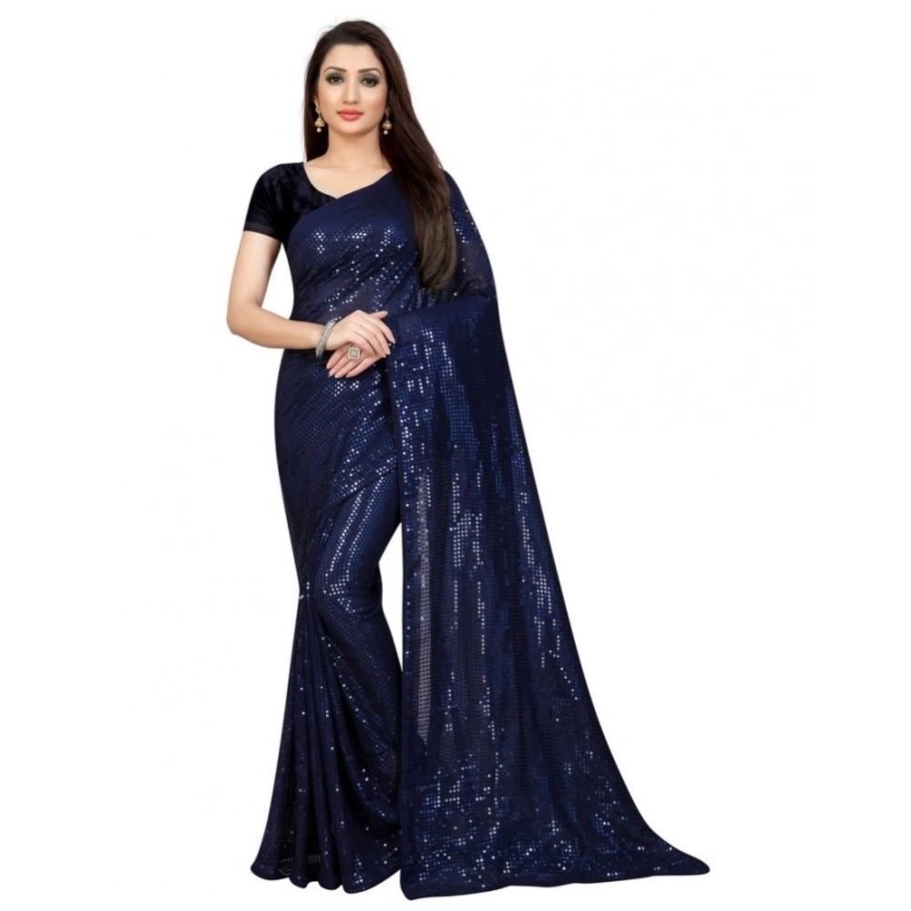 Amfyn Women's Georgette Embellished Sequnece Bollywood Saree With Unstitched Blouse 5.5Mtr (Blue)