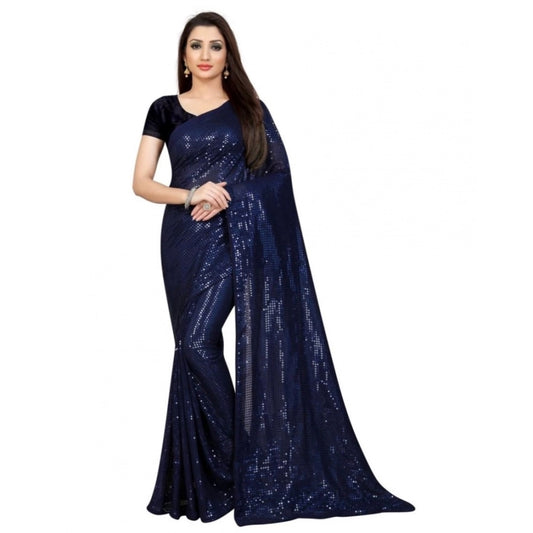 Amfyn Women's Georgette Embellished Sequnece Bollywood Saree With Unstitched Blouse 5.5Mtr (Blue)