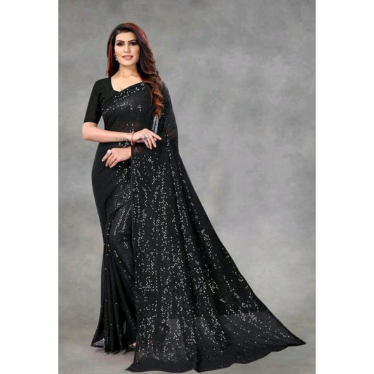 Amfyn Women's Georgette Embellished Sequnece Bollywood Saree With Unstitched Blouse 5.5Mtr (Black)