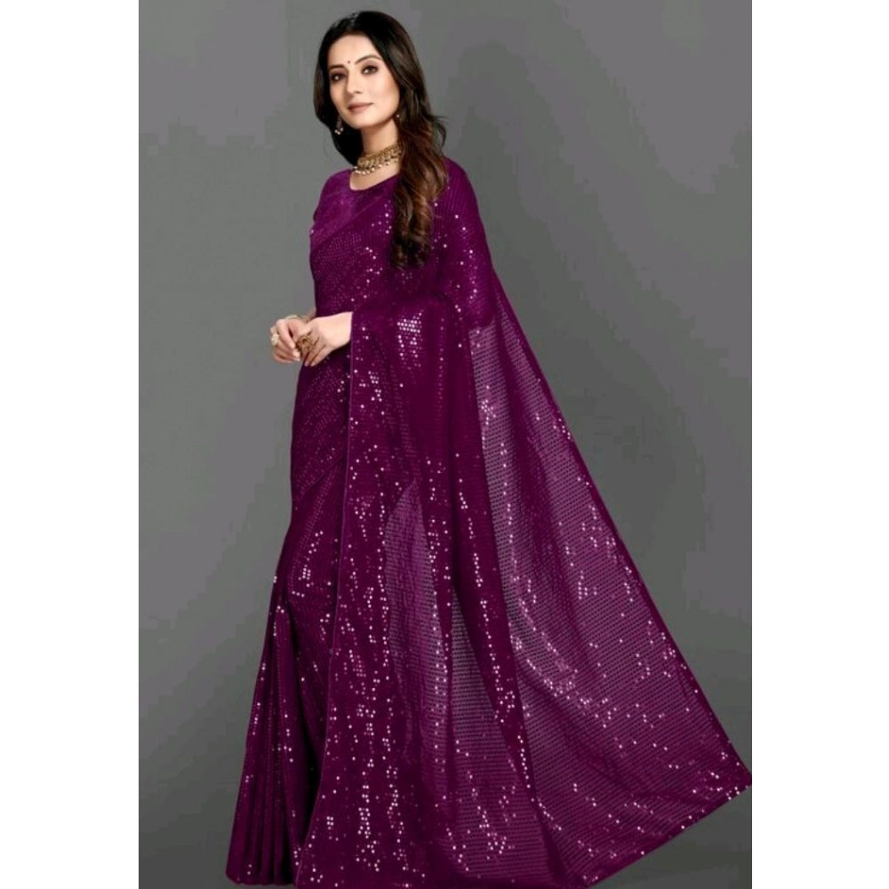 Amfyn Women's Georgette Embellished Sequnece Bollywood Saree With Unstitched Blouse 5.5Mtr (Purple)