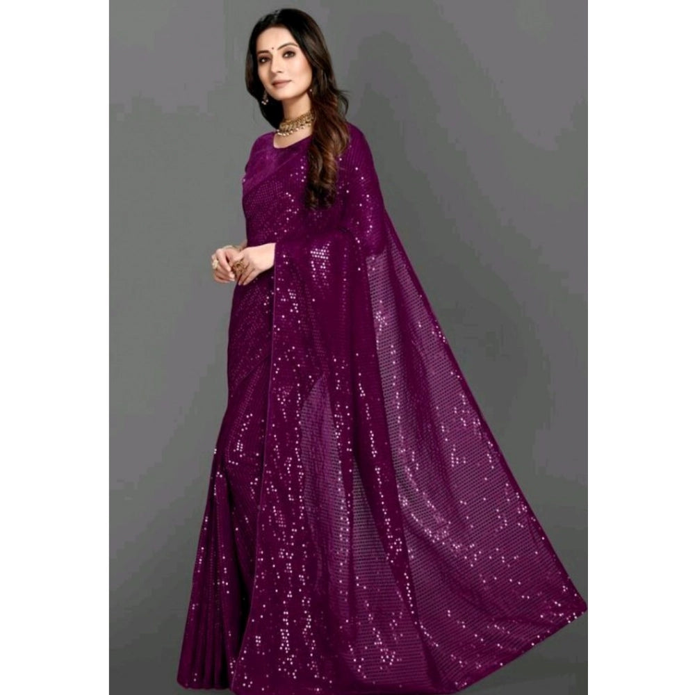 Amfyn Women's Georgette Embellished Sequnece Bollywood Saree With Unstitched Blouse 5.5Mtr (Purple)