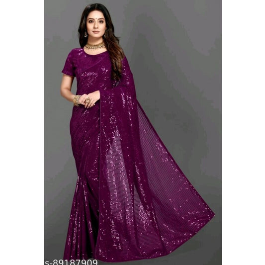 Amfyn Women's Georgette Embellished Sequnece Bollywood Saree With Unstitched Blouse 5.5Mtr (Purple)