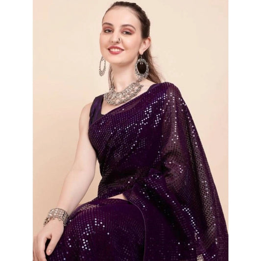 Amfyn Women's Georgette Embellished Sequnece Bollywood Saree With Unstitched Blouse 5.5Mtr (Purple)