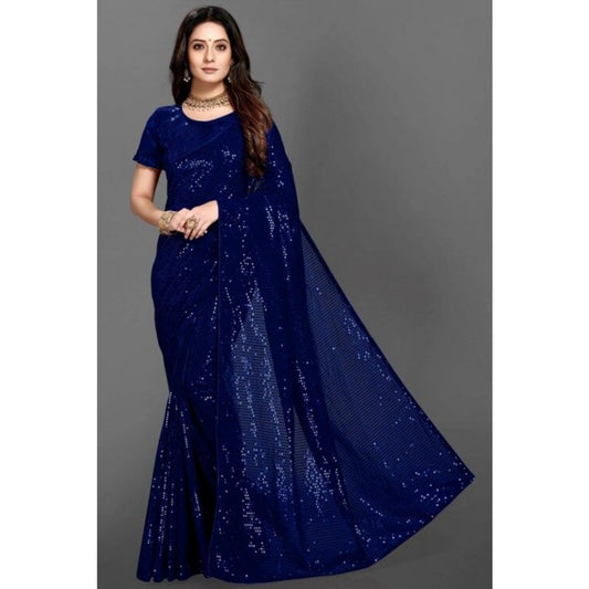 Amfyn Women's Georgette Embellished Sequnece Bollywood Saree With Unstitched Blouse 5.5Mtr (Blue)