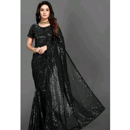 Amfyn Women's Georgette Embellished Sequnece Bollywood Saree With Unstitched Blouse 5.5Mtr (Black)