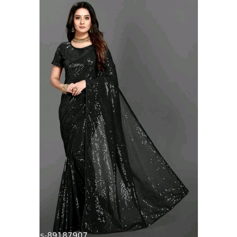 Amfyn Women's Georgette Embellished Sequnece Bollywood Saree With Unstitched Blouse 5.5Mtr (Black)