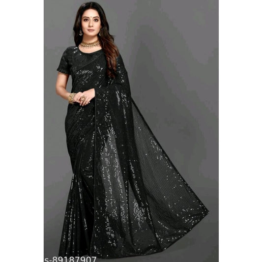 Amfyn Women's Georgette Embellished Sequnece Bollywood Saree With Unstitched Blouse 5.5Mtr (Black)