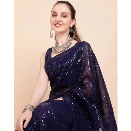 Amfyn Women's Georgette Embellished Sequnece Bollywood Saree With Unstitched Blouse 5.5Mtr (Blue)