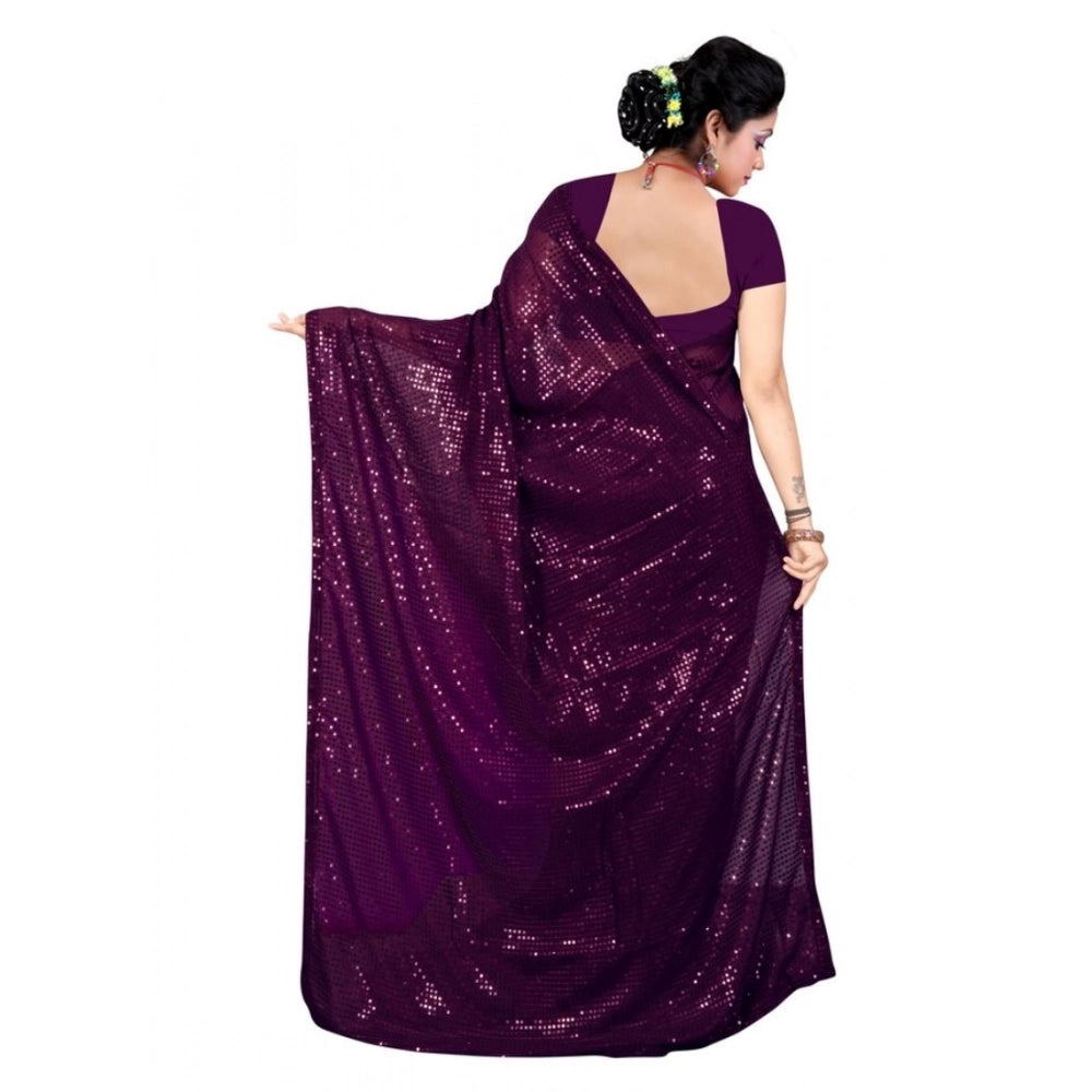 Amfyn Women's Georgette Embellished Sequnece Bollywood Saree With Unstitched Blouse 5.5Mtr (Purple)