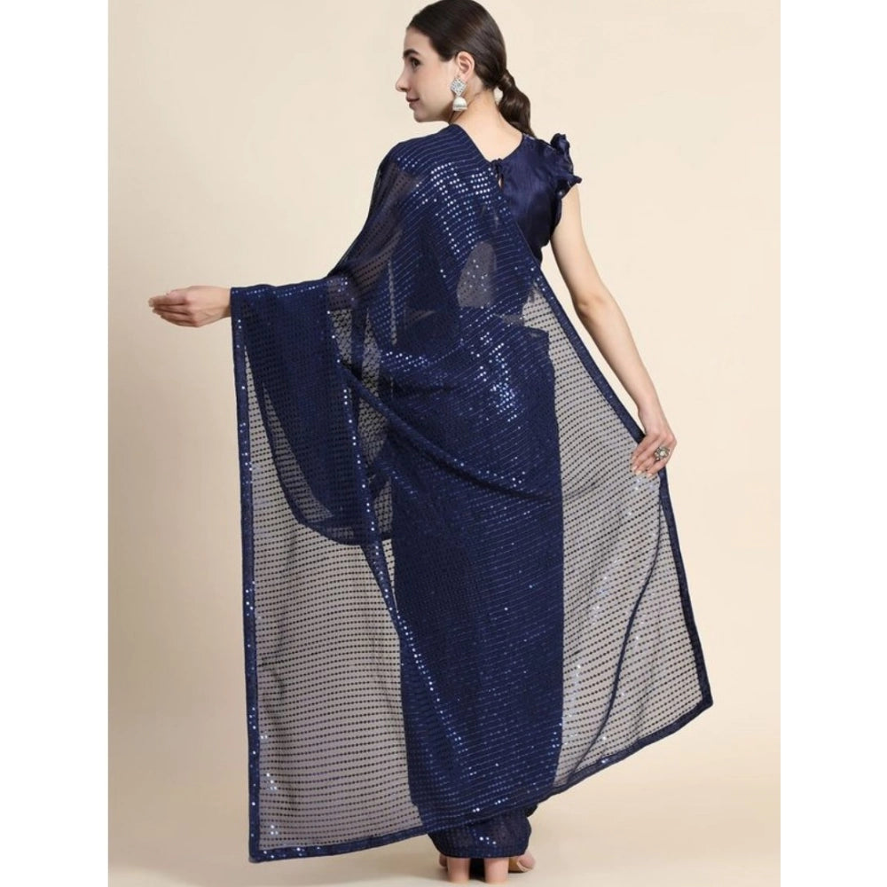 Amfyn Women's Georgette Embellished Sequnece Bollywood Saree With Unstitched Blouse 5.5Mtr (Blue)