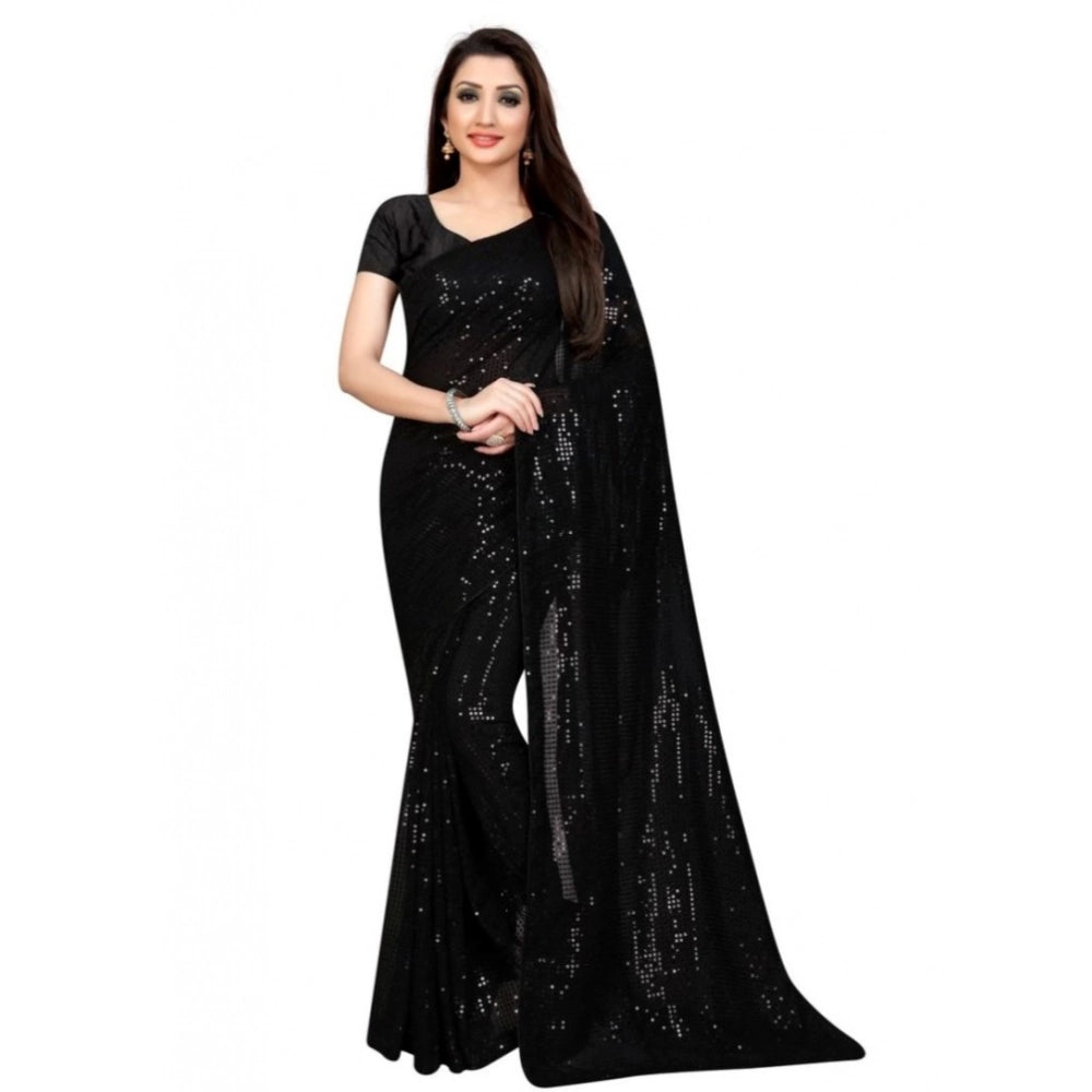 Amfyn Women's Georgette Embellished Sequnece Bollywood Saree With Unstitched Blouse 5.5Mtr (Black)