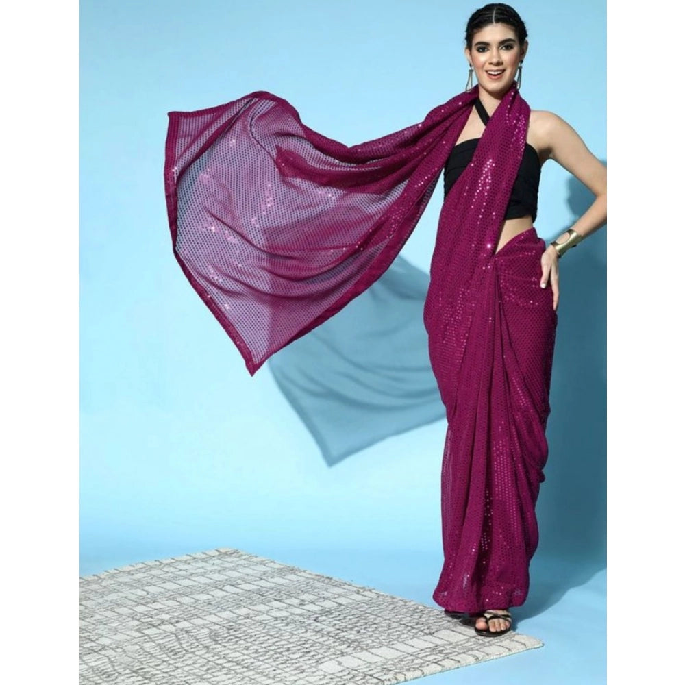 Amfyn Women's Georgette Embellished Sequnece Bollywood Saree With Unstitched Blouse 5.5Mtr (Wine)