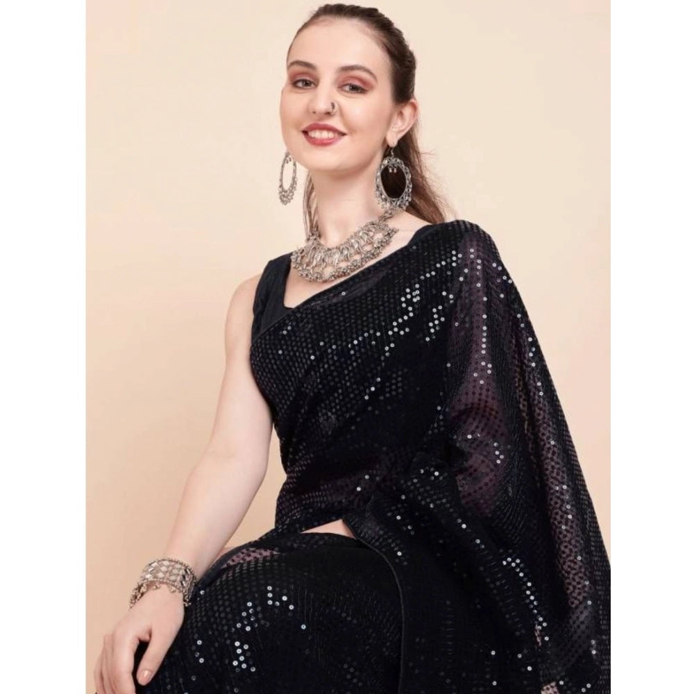 Amfyn Women's Georgette Embellished Sequnece Bollywood Saree With Unstitched Blouse 5.5Mtr (Black)