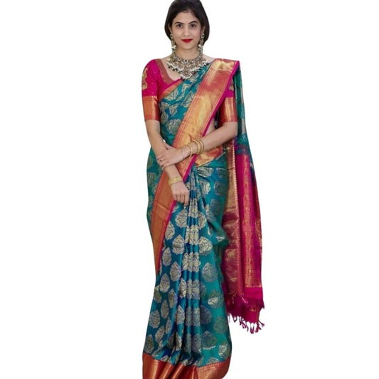 Amfyn Women's Silk Printed Saree With Unstitched Blouse 5.5Mtr (Teal Blue)