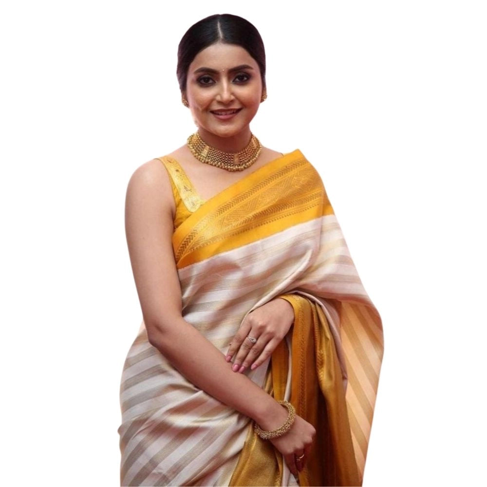 Amfyn Women's Silk Printed Saree With Unstitched Blouse 5.5Mtr (Off White-Yellow)