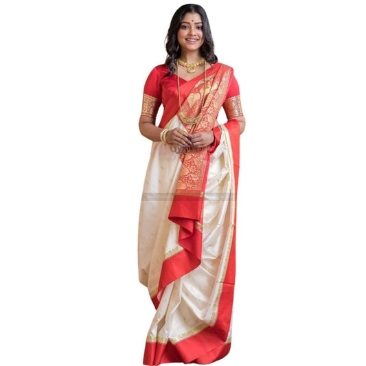 Amfyn Women's Silk Printed Saree With Unstitched Blouse 5.5Mtr (White-Red)