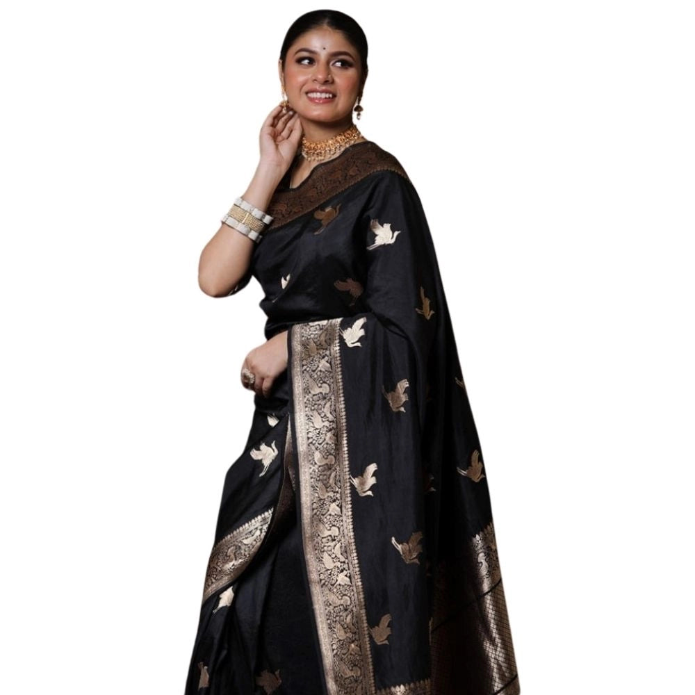 Amfyn Women's Silk Printed Saree With Unstitched Blouse 5.5Mtr (Black)