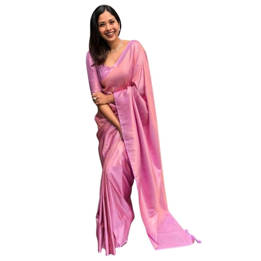 Amfyn Women's Silk Printed Saree With Unstitched Blouse 5.5Mtr (Pink)